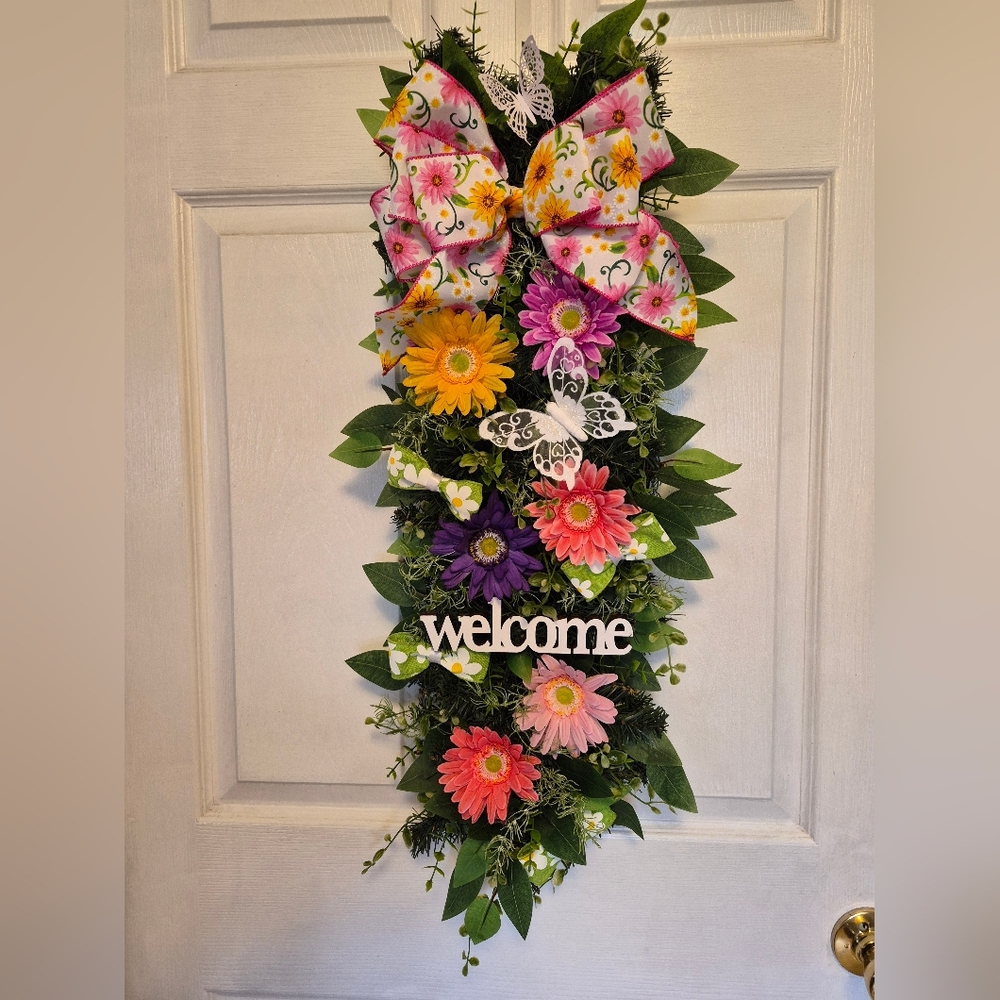 Floral Welcome Wreath Swag , Gerber Daisies , Door Decoration